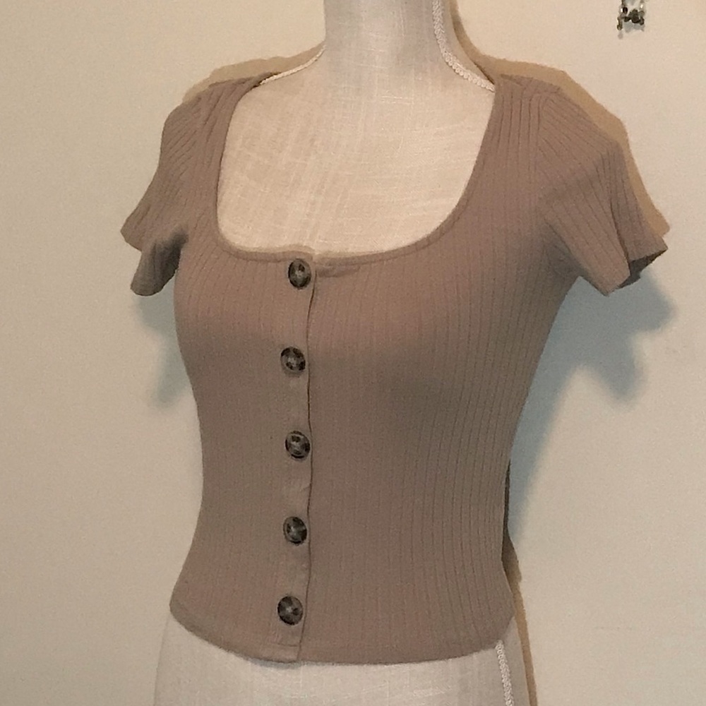 Tan knit button-up shirt